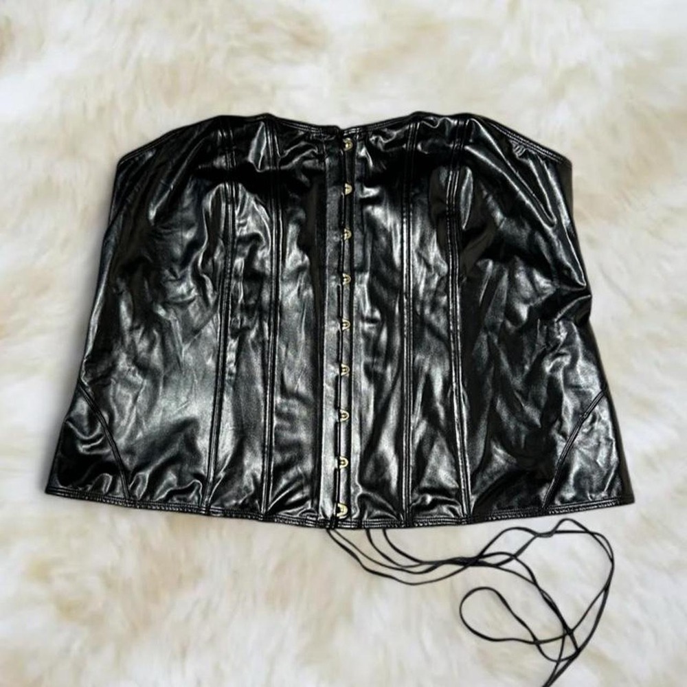 Black Faux Leather Strapless Corset Bustier Top Lace-Up Back Boned 2XL